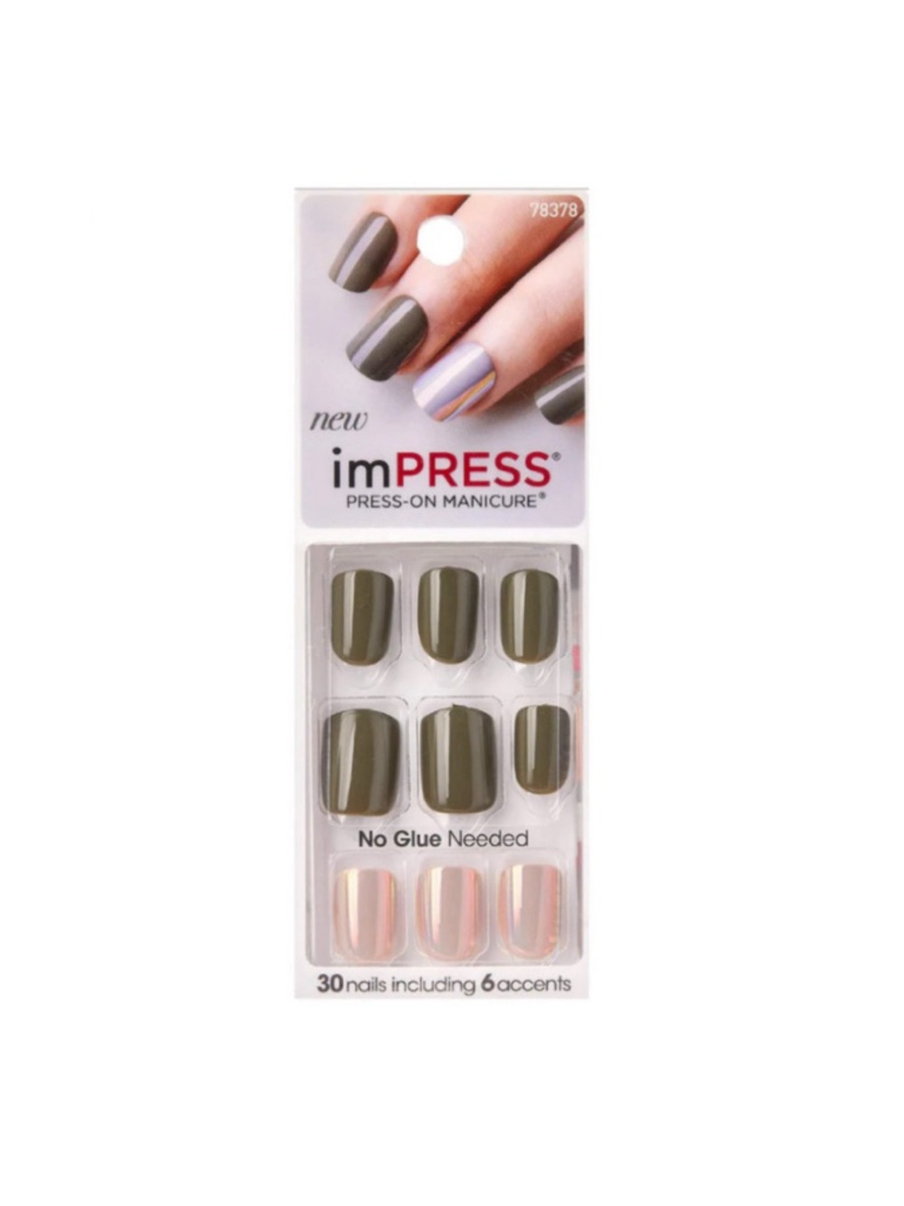 imPRESS Olive Green Press-On Nails with Pearlescent Pink Accents - Short Length